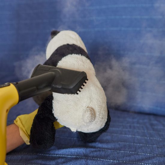 Cleaning,Child's,Fliffy,Toys,With,Steam,,Hands,In,Blue,Glove
